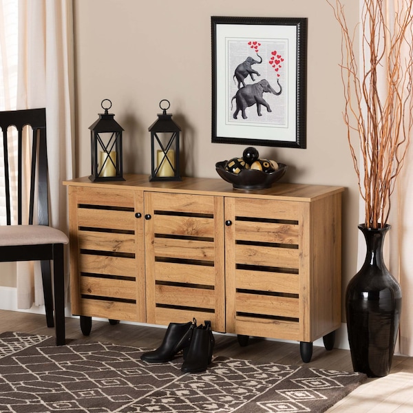 Baxton Studio Gisela Modern and Contemporary Oak Brown Finished Wood 3-Door Shoe Storage Cabinet - 190-11992-ZORO