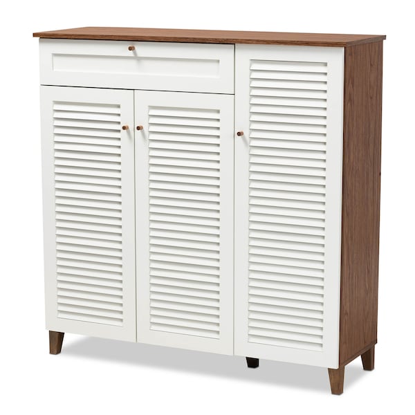 Baxton Studio Coolidge Walnut Wood 11-Shelf Shoe Storage Cabinet with Drawer - 163-10396