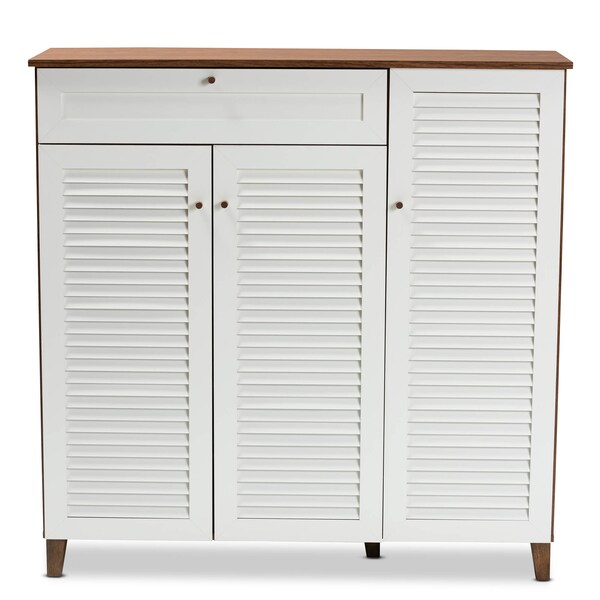 Baxton Studio Coolidge Walnut Wood 11-Shelf Shoe Storage Cabinet with Drawer - 163-10396