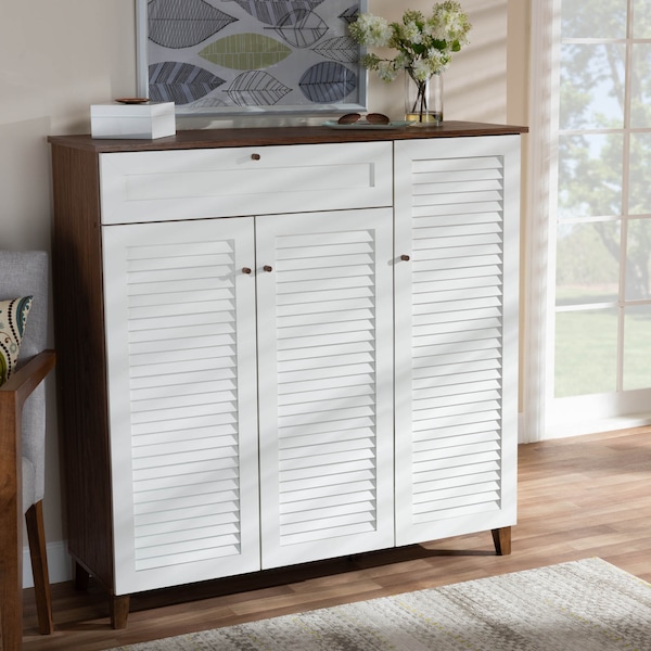 Baxton Studio Coolidge Walnut Wood 11-Shelf Shoe Storage Cabinet with Drawer - 163-10396