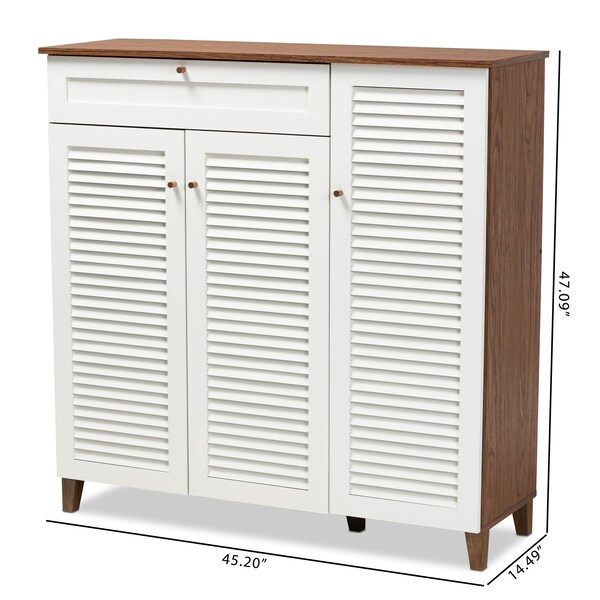 Baxton Studio Coolidge Walnut Wood 11-Shelf Shoe Storage Cabinet with Drawer - 163-10396