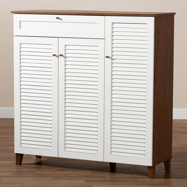 Baxton Studio Coolidge Walnut Wood 11-Shelf Shoe Storage Cabinet with Drawer - 163-10396