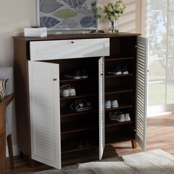 Baxton Studio Coolidge Walnut Wood 11-Shelf Shoe Storage Cabinet with Drawer - 163-10396
