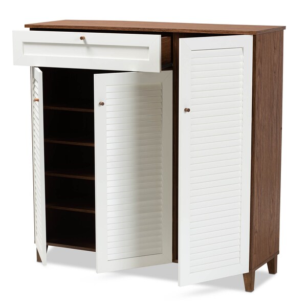 Baxton Studio Coolidge Walnut Wood 11-Shelf Shoe Storage Cabinet with Drawer - 163-10396