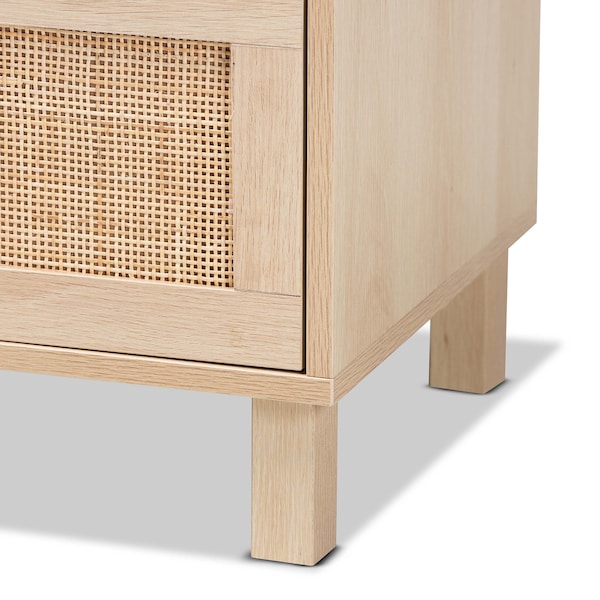 Baxton Studio Sebille Mid-Century Modern Light Brown Finished Wood 3-Drawer Storage Chest with Natural Rattan - 207-12464