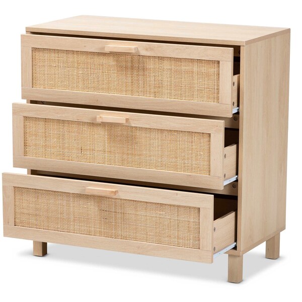 Baxton Studio Sebille Mid-Century Modern Light Brown Finished Wood 3-Drawer Storage Chest with Natural Rattan - 207-12464