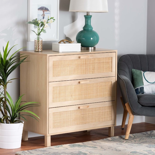 Baxton Studio Sebille Mid-Century Modern Light Brown Finished Wood 3-Drawer Storage Chest with Natural Rattan - 207-12464