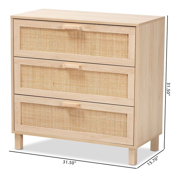 Baxton Studio Sebille Mid-Century Modern Light Brown Finished Wood 3-Drawer Storage Chest with Natural Rattan - 207-12464