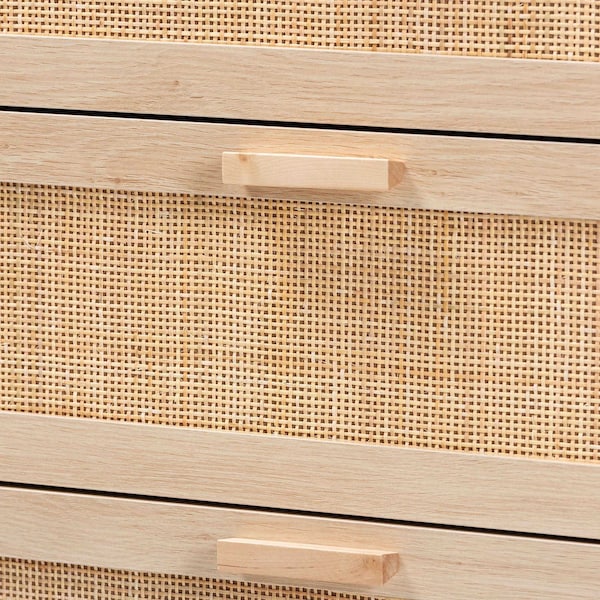 Baxton Studio Sebille Mid-Century Modern Light Brown Finished Wood 3-Drawer Storage Chest with Natural Rattan - 207-12464