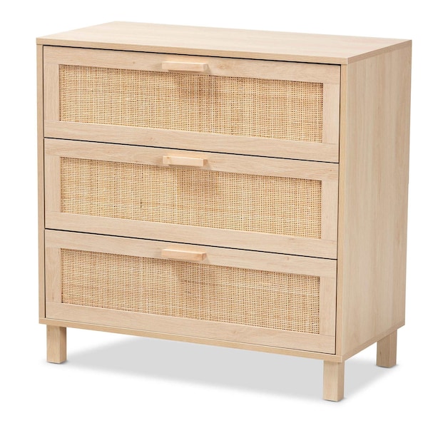 Baxton Studio Sebille Mid-Century Modern Light Brown Finished Wood 3-Drawer Storage Chest with Natural Rattan - 207-12464