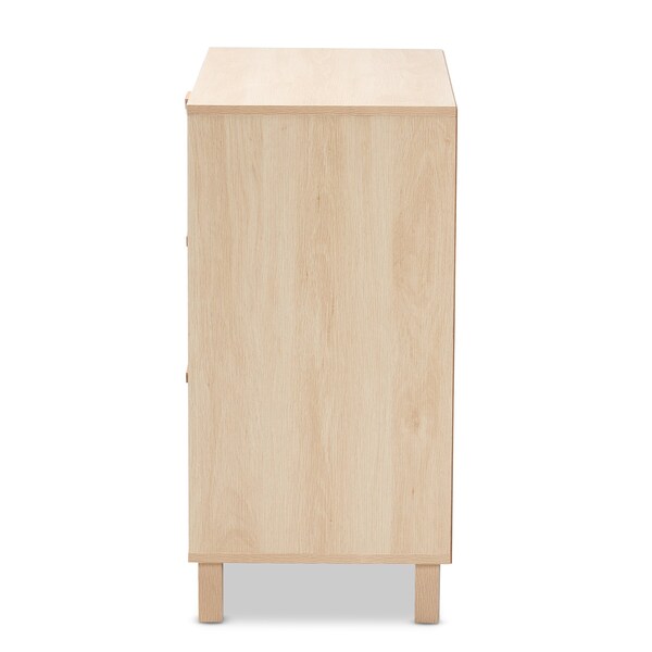 Baxton Studio Sebille Mid-Century Modern Light Brown Finished Wood 3-Drawer Storage Chest with Natural Rattan - 207-12464