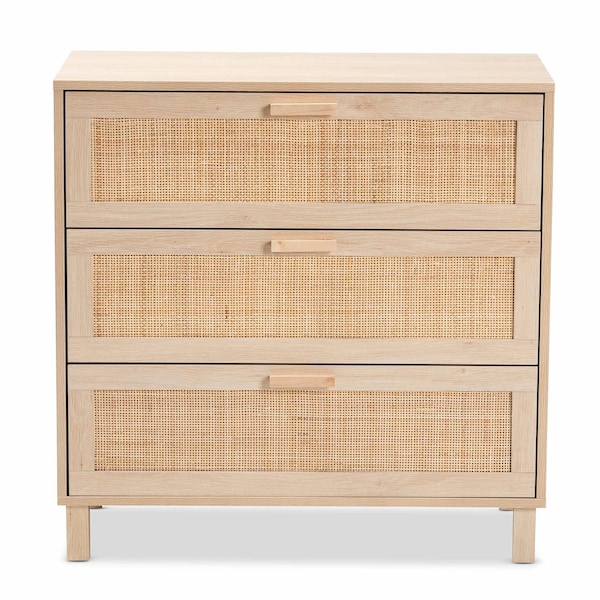 Baxton Studio Sebille Mid-Century Modern Light Brown Finished Wood 3-Drawer Storage Chest with Natural Rattan - 207-12464