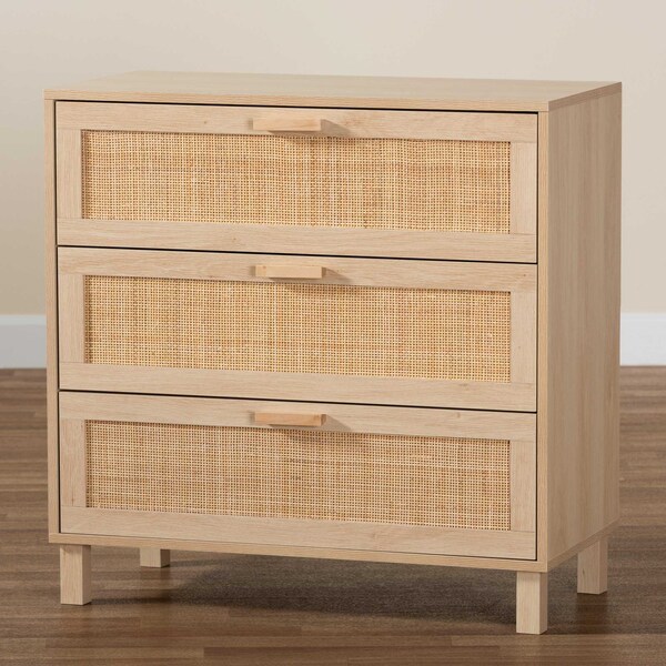 Baxton Studio Sebille Mid-Century Modern Light Brown Finished Wood 3-Drawer Storage Chest with Natural Rattan - 207-12464