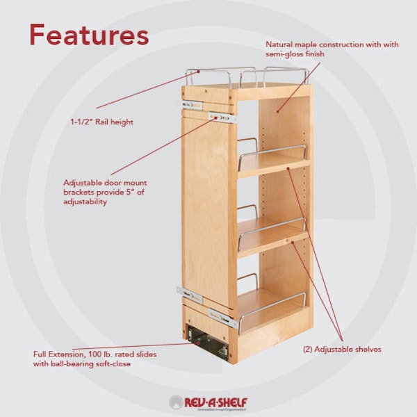 Rev-A-Shelf Maple Veneer, Light Brown, 5 in W, 26.15 in H, 10.75 in D, 10.75 in L, Light Brown - 448-BBSCWC-5C