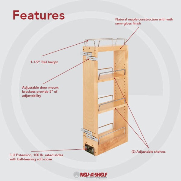 Rev-A-Shelf Maple Veneer, Light Brown, 5 in W, 26.15 in H, 10.75 in D, 10.75 in L, Light Brown - 448-BBSCWC-5C