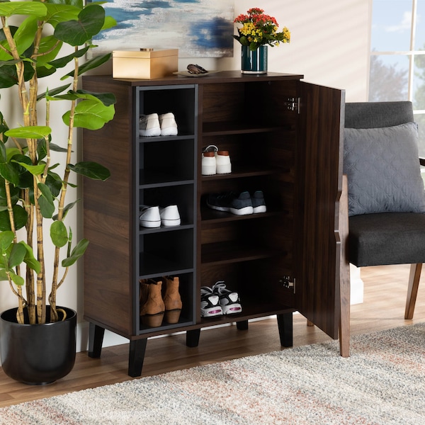Baxton Studio Idina Walnut Brown and Grey Finished Wood 1-Door Shoe Cabinet - 173-10905