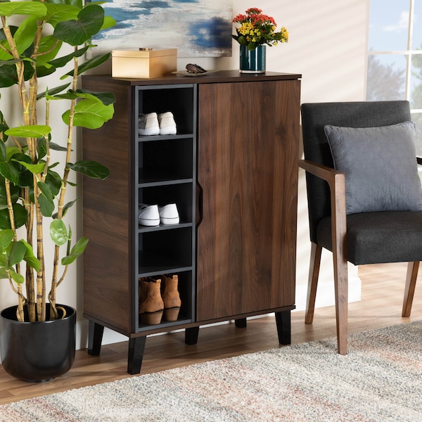 Baxton Studio Idina Walnut Brown and Grey Finished Wood 1-Door Shoe Cabinet - 173-10905