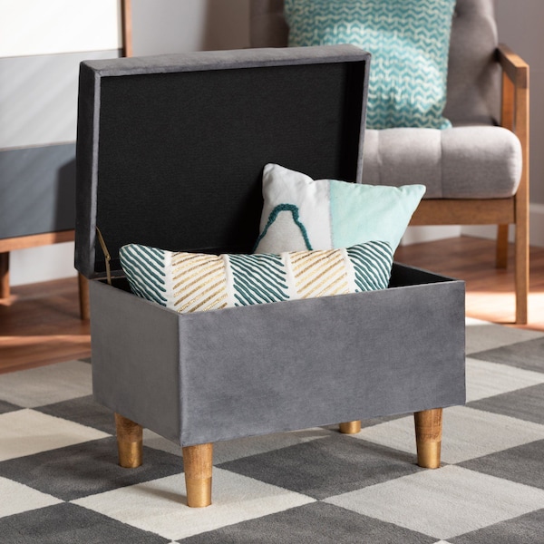 Baxton Studio Elias Modern and Contemporary Grey Velvet Fabric and Oak Brown Finished Wood Storage Ottoman - 178-11318-ZORO