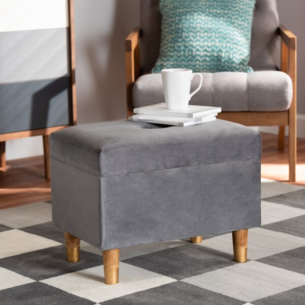Baxton Studio Elias Modern and Contemporary Grey Velvet Fabric and Oak Brown Finished Wood Storage Ottoman - 178-11318-ZORO