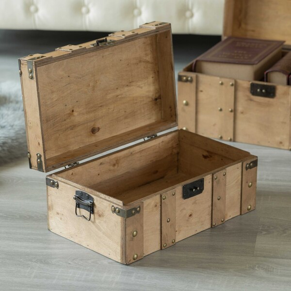 Vintiquewise Natural Wooden Style Trunk with Handles, PK 2 - QI004014.2