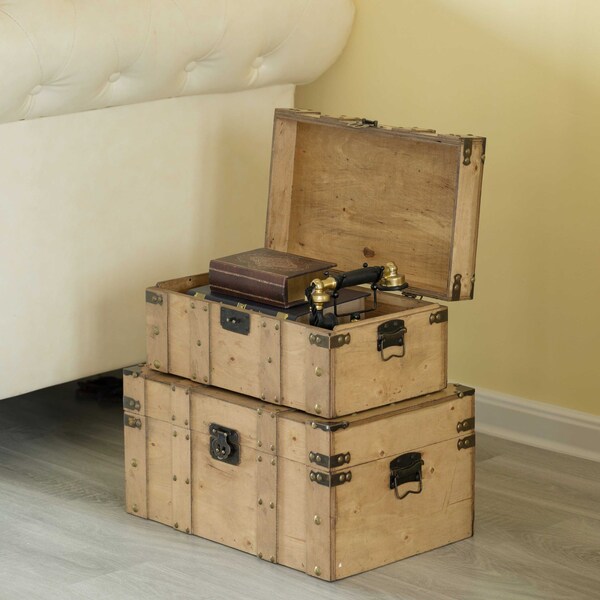 Vintiquewise Natural Wooden Style Trunk with Handles, PK 2 - QI004014.2