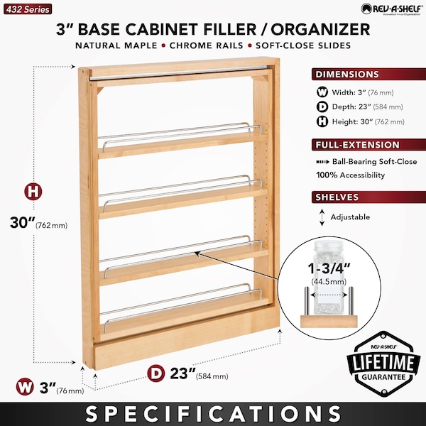 Rev-A-Shelf Maple Wood; Steel, Natural Maple, 3 in W, 30 in H, 23 in D - 432-BFBBSC-3C