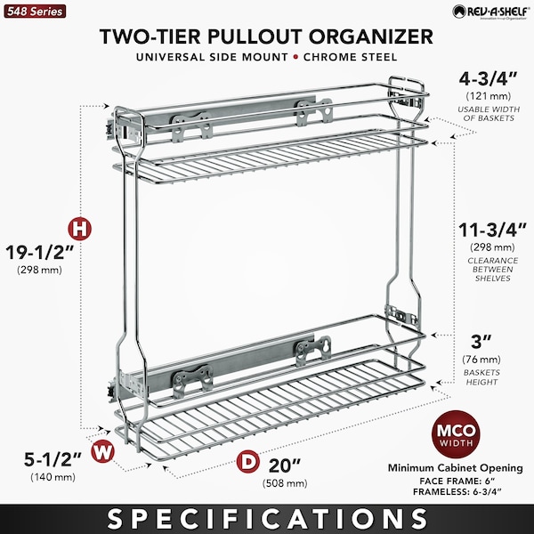 Rev-A-Shelf Steel, Silver, 5.5 in W, 19.5 in H, 20 in L, Silver - 548-06CR-1