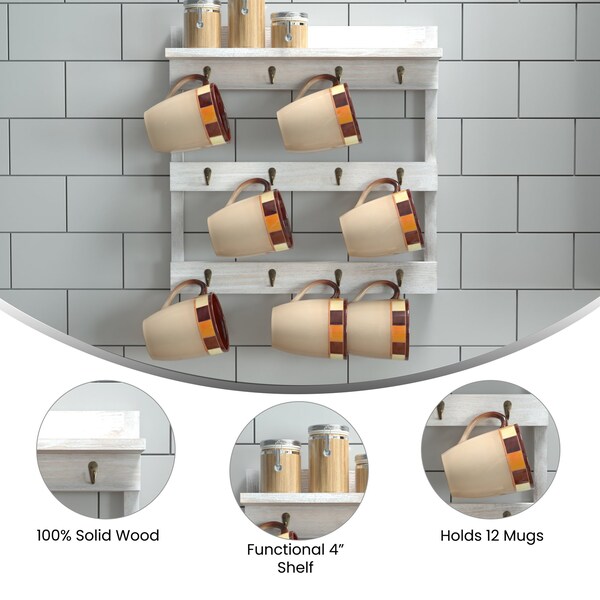 Flash Furniture Whitewashed Coffee Mug Rack with Storage Shelf - HFKHD-GDI-CRE8-032315-GG