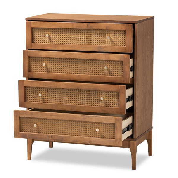 Baxton Studio Ramiel MidCentury Modern Ash Walnut Finished Wood and Rattan 4Drawer Chest - 215-12426-ZORO