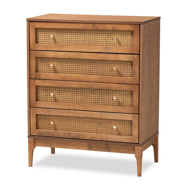 Baxton Studio Ramiel MidCentury Modern Ash Walnut Finished Wood and Rattan 4Drawer Chest - 215-12426-ZORO