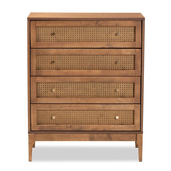 Baxton Studio Ramiel MidCentury Modern Ash Walnut Finished Wood and Rattan 4Drawer Chest - 215-12426-ZORO