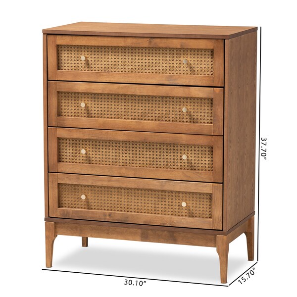 Baxton Studio Ramiel MidCentury Modern Ash Walnut Finished Wood and Rattan 4Drawer Chest - 215-12426-ZORO