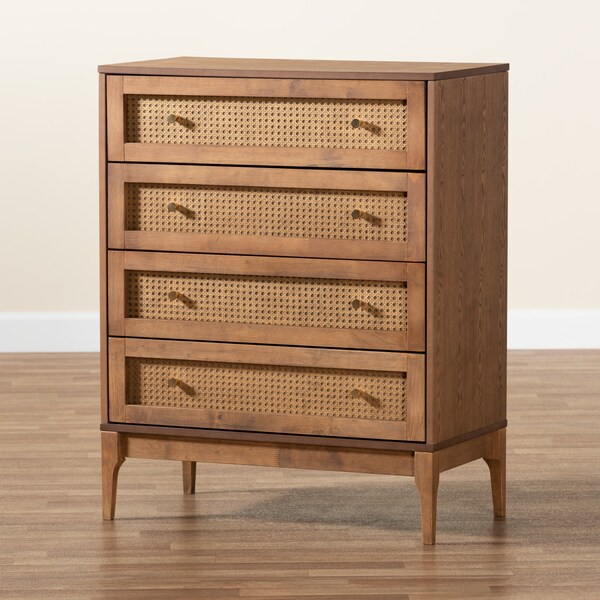 Baxton Studio Ramiel MidCentury Modern Ash Walnut Finished Wood and Rattan 4Drawer Chest - 215-12426-ZORO