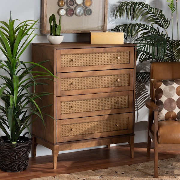 Baxton Studio Ramiel MidCentury Modern Ash Walnut Finished Wood and Rattan 4Drawer Chest - 215-12426-ZORO