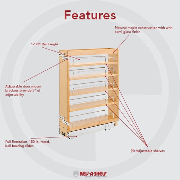 Rev-A-Shelf Maple Veneer, Light Brown, 5 in W, 25.5 in H, 19 in D, 19 in L, Light Brown - 448-BC19-5C