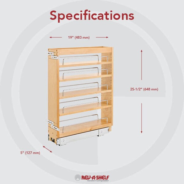 Rev-A-Shelf Maple Veneer, Light Brown, 5 in W, 25.5 in H, 19 in D, 19 in L, Light Brown - 448-BC19-5C