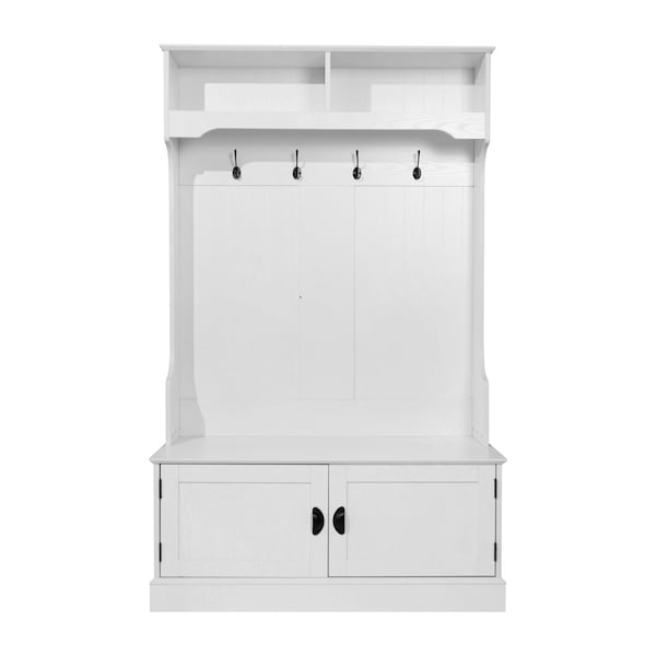 Flash Furniture Fraser 40" Wide Hall Tree with Double Door Storage Bench, Coat Rack with 4 Black Double Hooks, and 2 Upper Storage Cubbies in White - NAN-FY-HY-HT04-WHT-GG