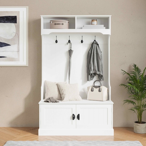 Flash Furniture Fraser 40" Wide Hall Tree with Double Door Storage Bench, Coat Rack with 4 Black Double Hooks, and 2 Upper Storage Cubbies in White - NAN-FY-HY-HT04-WHT-GG