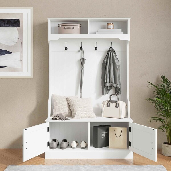 Flash Furniture Fraser 40" Wide Hall Tree with Double Door Storage Bench, Coat Rack with 4 Black Double Hooks, and 2 Upper Storage Cubbies in White - NAN-FY-HY-HT04-WHT-GG
