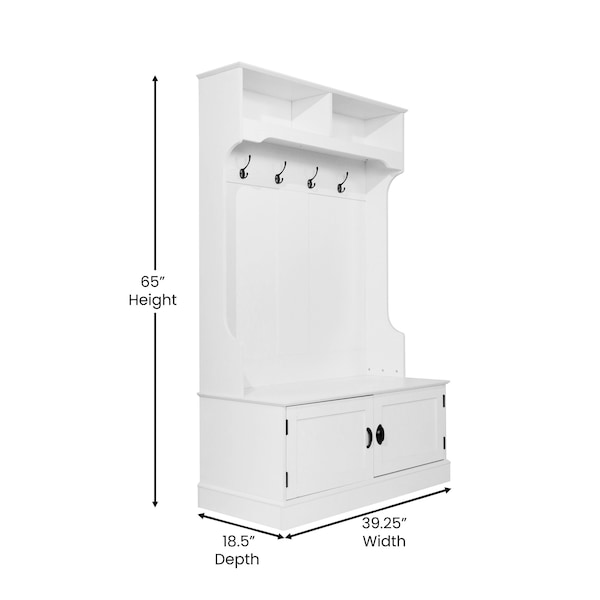 Flash Furniture Fraser 40" Wide Hall Tree with Double Door Storage Bench, Coat Rack with 4 Black Double Hooks, and 2 Upper Storage Cubbies in White - NAN-FY-HY-HT04-WHT-GG