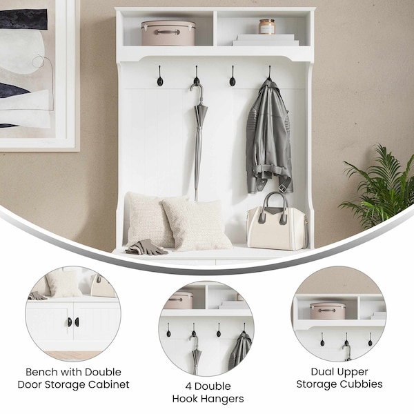 Flash Furniture Fraser 40" Wide Hall Tree with Double Door Storage Bench, Coat Rack with 4 Black Double Hooks, and 2 Upper Storage Cubbies in White - NAN-FY-HY-HT04-WHT-GG