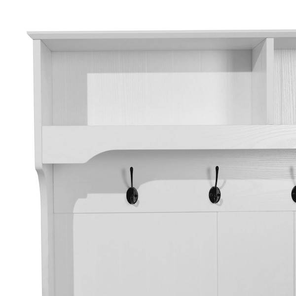 Flash Furniture Fraser 40" Wide Hall Tree with Double Door Storage Bench, Coat Rack with 4 Black Double Hooks, and 2 Upper Storage Cubbies in White - NAN-FY-HY-HT04-WHT-GG
