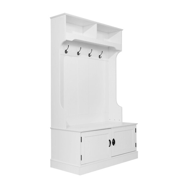 Flash Furniture Fraser 40" Wide Hall Tree with Double Door Storage Bench, Coat Rack with 4 Black Double Hooks, and 2 Upper Storage Cubbies in White - NAN-FY-HY-HT04-WHT-GG