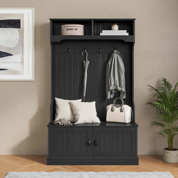 Flash Furniture Fraser 40" Wide Hall Tree with Double Door Storage Bench, Coat Rack with 4 Black Double Hooks, and 2 Upper Storage Cubbies in Black - NAN-FY-HY-HT04-BLK-GG