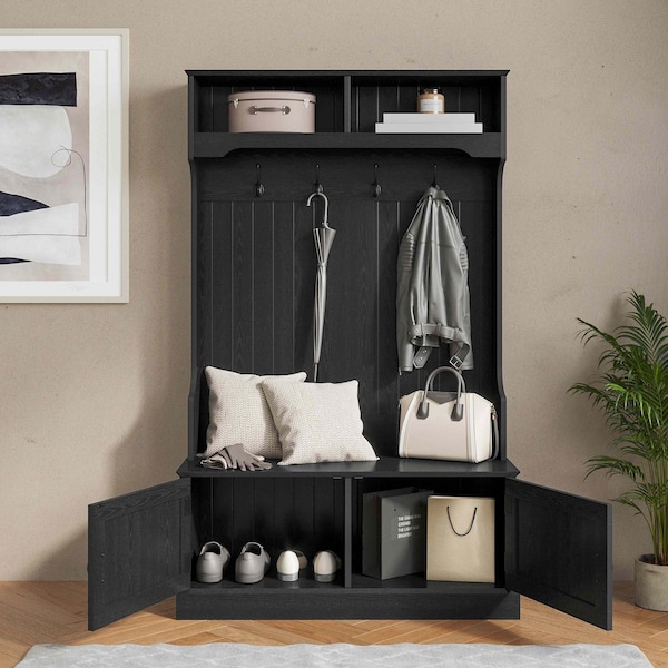 Flash Furniture Fraser 40" Wide Hall Tree with Double Door Storage Bench, Coat Rack with 4 Black Double Hooks, and 2 Upper Storage Cubbies in Black - NAN-FY-HY-HT04-BLK-GG