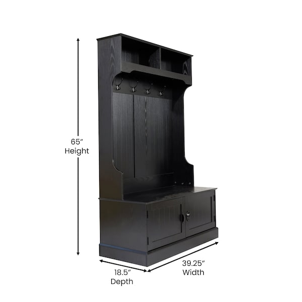 Flash Furniture Fraser 40" Wide Hall Tree with Double Door Storage Bench, Coat Rack with 4 Black Double Hooks, and 2 Upper Storage Cubbies in Black - NAN-FY-HY-HT04-BLK-GG