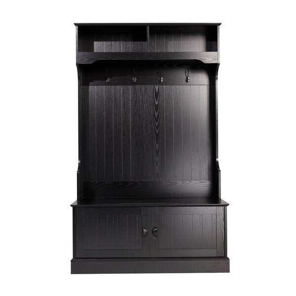 Flash Furniture Fraser 40" Wide Hall Tree with Double Door Storage Bench, Coat Rack with 4 Black Double Hooks, and 2 Upper Storage Cubbies in Black - NAN-FY-HY-HT04-BLK-GG