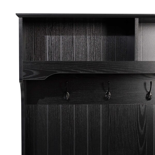 Flash Furniture Fraser 40" Wide Hall Tree with Double Door Storage Bench, Coat Rack with 4 Black Double Hooks, and 2 Upper Storage Cubbies in Black - NAN-FY-HY-HT04-BLK-GG