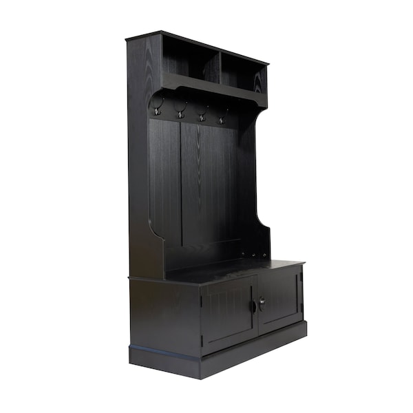 Flash Furniture Fraser 40" Wide Hall Tree with Double Door Storage Bench, Coat Rack with 4 Black Double Hooks, and 2 Upper Storage Cubbies in Black - NAN-FY-HY-HT04-BLK-GG