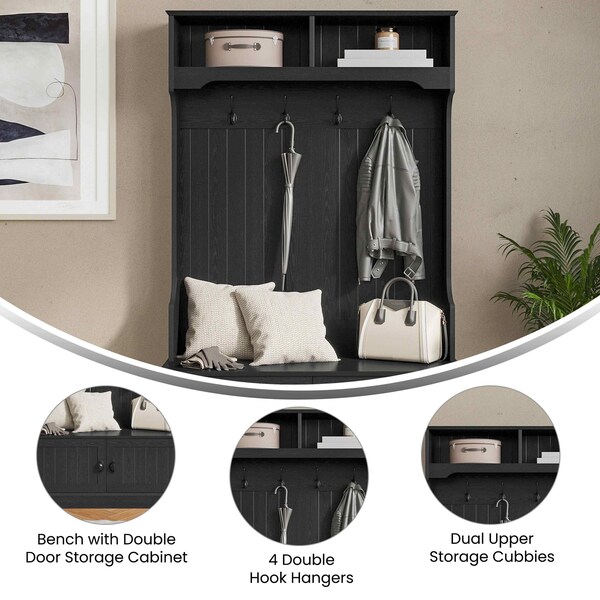 Flash Furniture Fraser 40" Wide Hall Tree with Double Door Storage Bench, Coat Rack with 4 Black Double Hooks, and 2 Upper Storage Cubbies in Black - NAN-FY-HY-HT04-BLK-GG